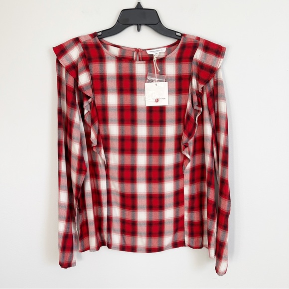 beachlunchlounge Tops - BeachLunchLounge Plaid Ruffle Top Red and Cream Plaid Pullover Medium
